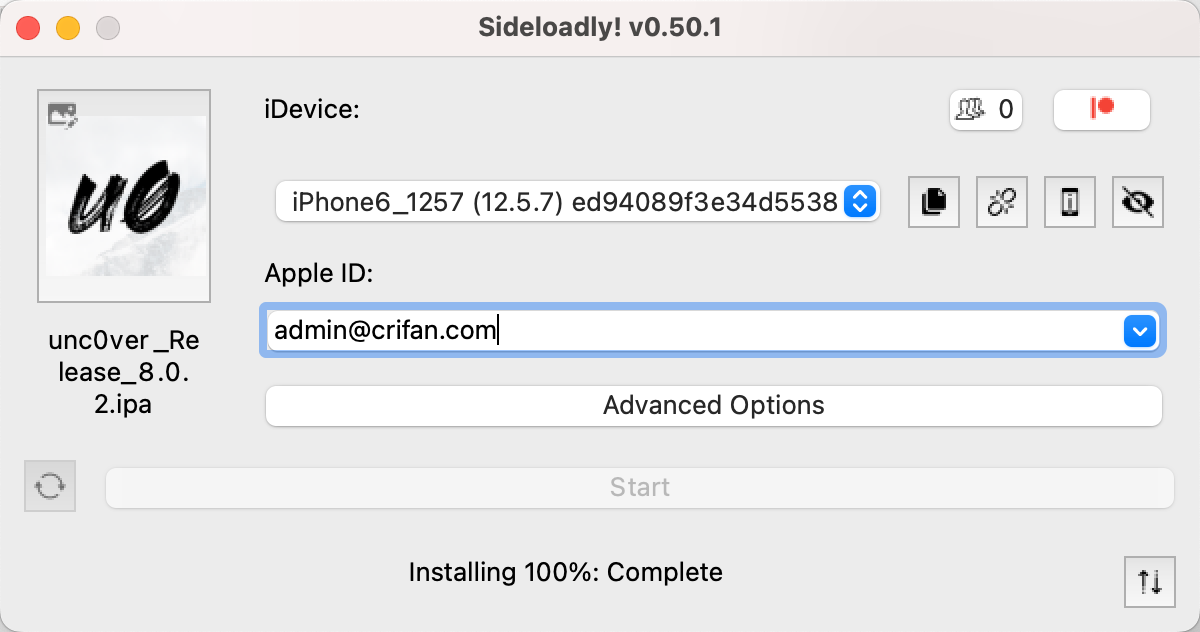 sideloadly_unc0ver_installing_100_complete