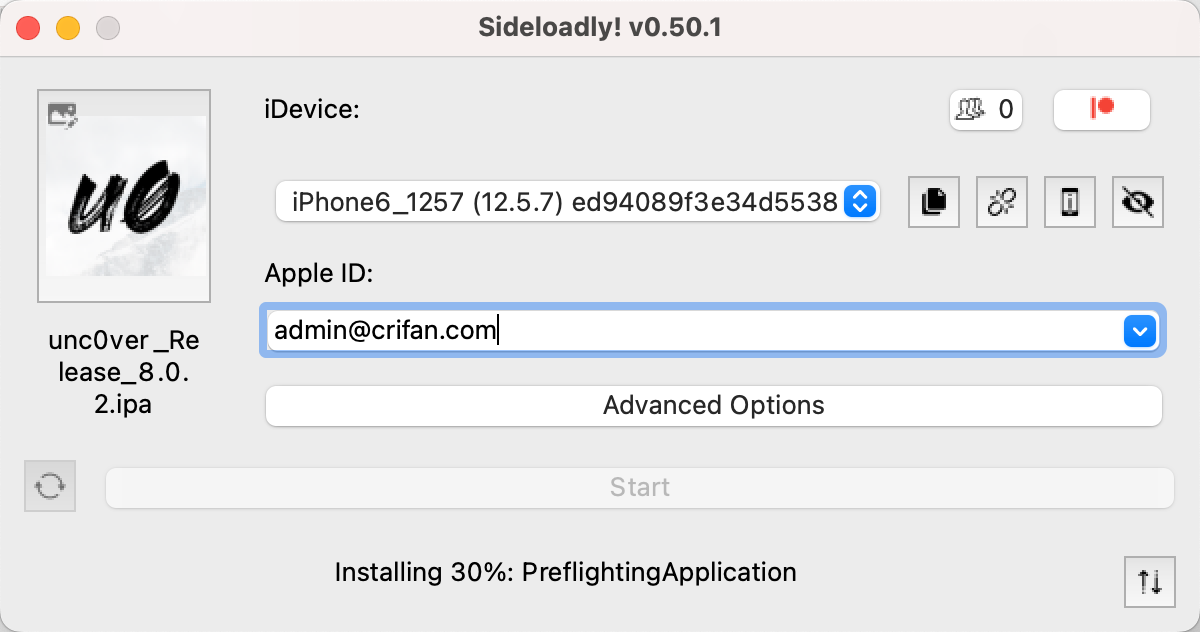 sideloadly_unc0ver_installing_30_preflightingapplication